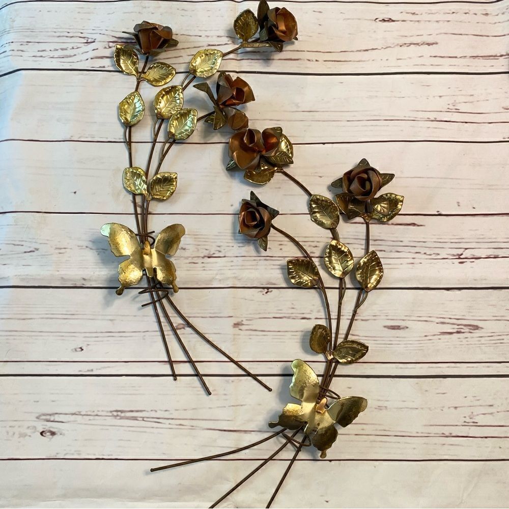 2 Vintage Homco Gold Tone Metal Rose and Leaf Wall Hanging Spray